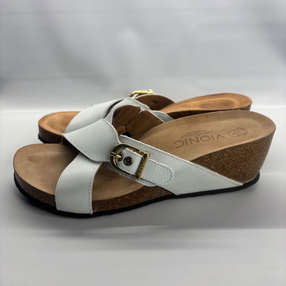 Vionic White Crossband Wedge Sandals with Gold Buckle - Picture 3 of 9